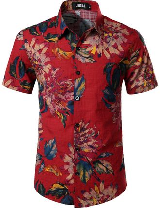 JOGAL Mens Flowers Casual Aloha Hawaiian Shirt XX-Large A334 Red