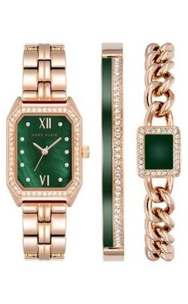 Anne Klein Quartz Crystal Green Dial Ladies Watch and Bracelet Set AK-4048GNST