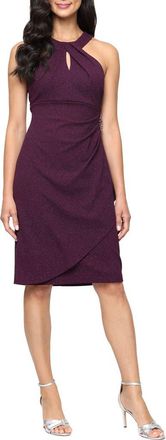 S.L. Fashions Glitter Knit Keyhole Halter Cocktail Dress in Plum at Nordstrom, Size 14P