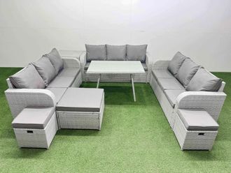 Fimous 12 Seat Outdoor PE Rattan Garden Furniture with Side Table 3 Stool in Light Grey
