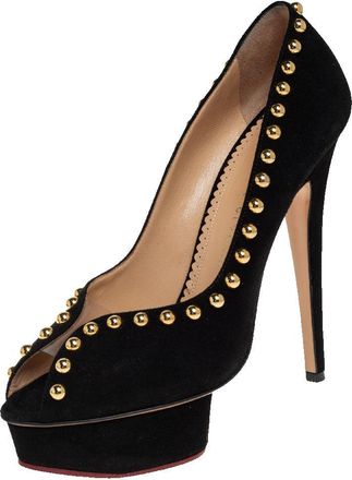 Charlotte Olympia Black Suede Daphne Studded Peep Toe Platform Pumps
