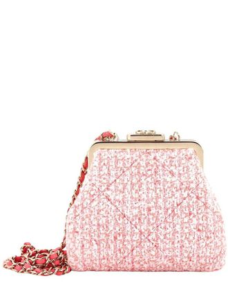 Chanel Pink Tweed Quilted Canvas Kisslock Frame Clutch Crossbody, Never Carried (Authentic Pre-Loved)