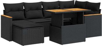 vidaXL 7 Piece Garden Sofa Set with Cushions Black Poly Rattan Acacia Vidaxl