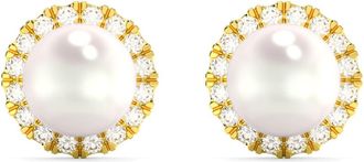Pompeii3 6mm Pearl & Diamond Halo Studs Womens 14k Gold Earrings Lab Grown