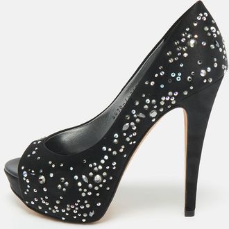Gina Black Crystal Embellished Satin Open Toe Platform Pumps
