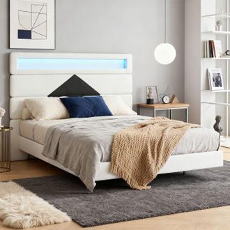 OEM Cama 140x190 Cm Capiton&eacute; Toniu Beige De Terciopelo Con Led Y Puertos Usb, Somier Incluido