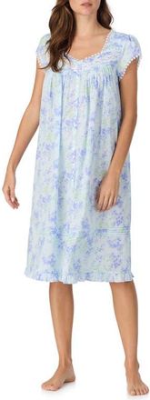Eileen West Cap Sleeve Short Cotton Nightgown in Aqua Flower at Nordstrom, Size X-Small