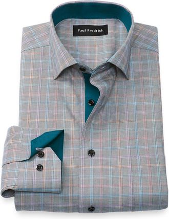 Paul Fredrick Slim Fit Comfort Stretch Non-iron Check Dress Shirt With Contrast Trim