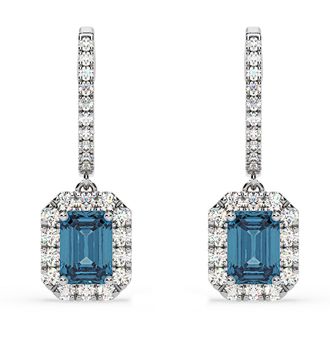 The Diamond Store Annabelle Blue Lab Diamond 2.78ct Emerald Cut Halo Earrings in 18K White Gold - Elara Collection