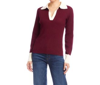 Karen Kane Contrast Ribbed Polo Sweater In Wine With Cream