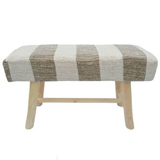 NATYAL Banco de madera de teca y algod&oacute;n acolchado tono blanco y marr&oacute;n 80cm