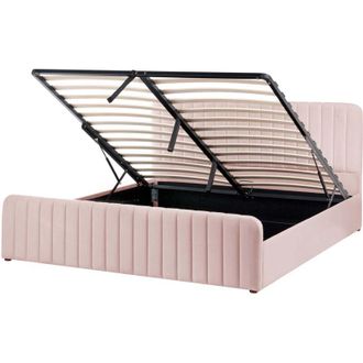 Beliani Ottoman Bed Pastel Pink Fabric Upholstered EU Super King Size With Headboard and Footboard Lift- Up Storage LUNAN