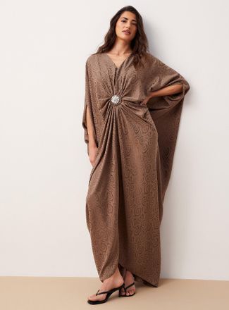 Icone Womens Crystal pin floral satin maxi V-neck tunic