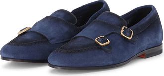 Santoni Fluwelen Dubbele Monk Strap Schoenen - Heren - Loafers - Blauw - 45 1/2 EU - Leer - Schoenen