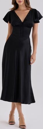 House of CB Ravella Silk V-Neck Midi Dress in Black at Nordstrom, Size X-Large