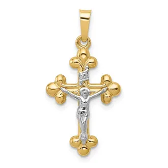 Diamond2Deal 14k Two-tone Gold Polished Budded INRI Crucifix Pendant