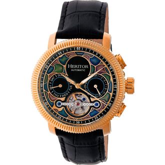 Heritor Aura Mens Semi-Skeleton Leather-Band Watch in Rose Gold/black at Nordstrom