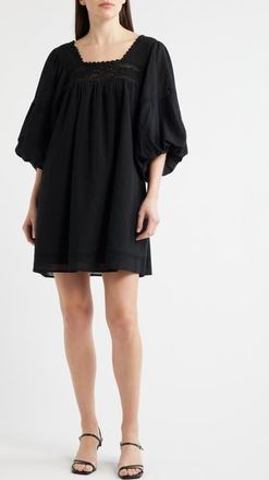 FRNCH Lorelei Puff Sleeve Cotton Shift Dress in Noir at Nordstrom, Size X-Large