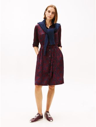 Tommy Hilfiger Womens Floral Print Belted Shirtdress - Red - L