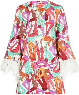La DoubleJ feather-trim printed cotton dress - women - Ostrich Feather/Elastane/Viscose - S - Neutrals