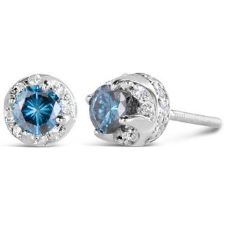 House of Brilliance 14K White Gold 1.00 Ct Blue and White Diamond Hidden Halo Stud Earrings at Nordstrom