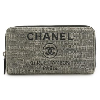 Chanel Black Gray Tweed Leather Long Wallet (Bi-Fold) (Pre-Owned)