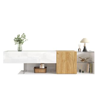 STILVORA Mueble Tv Con 2 Puertas Y Estantes De Vidrio, Blanco Brillo Y Efecto Madera, 180&times;38&times;48 Cm, En Tablero De Part&iacute;culas, Natural Blanco
