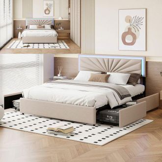 OEM Cama 160x200 Cm Led Beige - Cabecero Ajustable, 4 Cajones, Somier De Lamas, Estructura De Madera/met&aacute;lica
