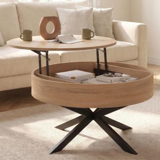 IDMarket Alix Mesa De Centro Redonda Elevable De 70 Cm Con Patas De Madera Y Ara&ntilde;a Negra