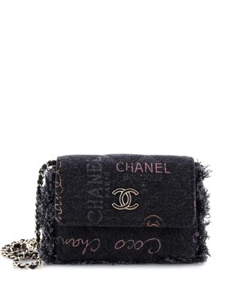 Chanel Denim Mood Flap Clutch with Chain Logo Printed Quilted Fringe Denim crossbody bag - Zwart