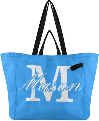 Generic Custom Blue pattern Reusable Canvas Tote Bag, Heavy Duty Grocery Shopping Bag with Double Handles Large Capacity Hard Bottom Work Groceries Travel