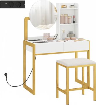 HOMCOM Homcom Tocador De Maquillaje Con Espejo Y Taburete Acolchado, Estaci&oacute;n De Carga, 2 Cajones, 3 Estantes Abiertos, Puerto Usb, Para Dormitorio, Blanco