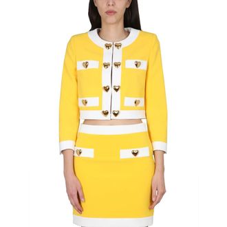 Moschino Jassen, Dames, Geel, M, Leer, Heart Buttons Crepe Jacket