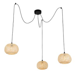 QAZQA Oriental L&aacute;mpara Colgante De Exterior Oriental De Bamb&uacute; 3 Luces Ip44 - Rafael Bamb&uacute; /acero Redonda Adecuado Para Led Max. 3 X 40 Watt - Qazqa