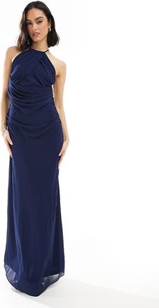 Tfnc Vestito lungo da damigella blu navy con scollo ad anello sul retro e incrociato sul davanti
