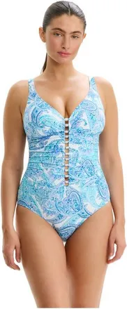Gottex Boho Bloom D-Cup V-Neck Gold Beaded One Piece in Blue-Multi at Nordstrom, Size 16