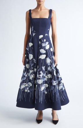 Lela Rose Floral Faille Fit & Flare Dress in Navy Multi at Nordstrom, Size 14