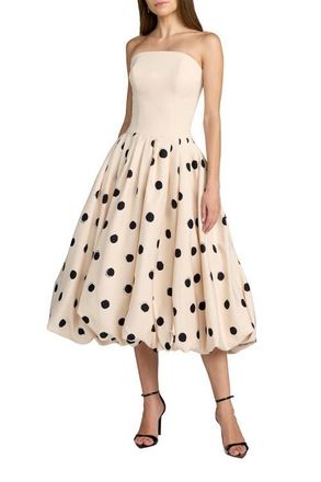 Mac Duggal Crepe Strapless Polka Dot Bubble Skirt Midi Dress in Ecru Multi at Nordstrom, Size 14