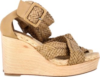 Herm&egrave;s Pre-owned Womens Herm&egrave;s Criss-Cross Ankle Strap Wedges in Beige Leather - Mocha Sheepskin - Size EU 35
