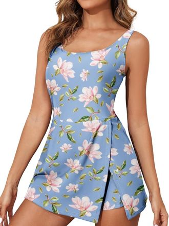 Generic Womens One Piece Flower Print Swimdress Swimsuit with Pockets Tummy Control Split Swim Dress Skirt Bathing Suit Swimwear for Beach Vacation