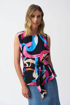 Joseph Ribkoff Brushstroke Print Waist Sash Sleeveless Top In Black/multi