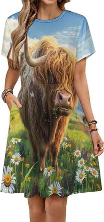 Generic Highland Cow Women Summer Dress Short Sleeve Sundress Swing Casual Party Dresses Pockets XL