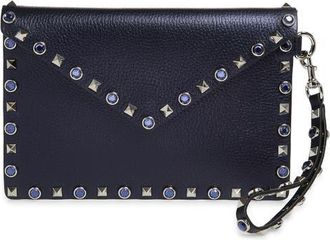Valentino Garavani Medium Rockstud Flat Leather Wristlet Envelope Pouch in Navy at Nordstrom