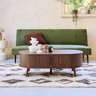 Sweeek Coffee Table With Sliding Doors & Grooved Wooden-effect Compartments in Walnut