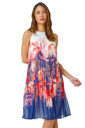 Roman Womens Floral Print Pleated Swing Dress - Orange - Size 20 UK