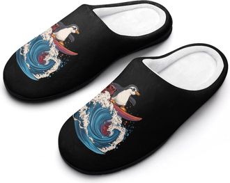 Generic Penguins Surfing on Wave Mens Slippers Memory Foam Winter Warm Sandals Slip On House Shoes Size 7-14