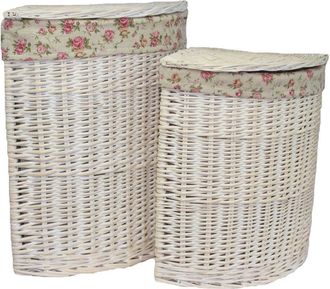 Red Hamper Set of 2 Cotton Lined Wicker White Wash Corner Laundry Baskets