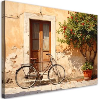 Feeby Cuadro En Lienzo, Italia Toscana Calle Con Casas Y Bicicleta Antigua, 100x70