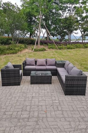 Fimous Grey Rattan Sofa Outdoor Garden Furniture Rectangular Coffee Table Set Patio in Dark Grey