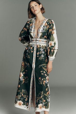 Farm Rio Nature Long-Sleeve Plunge Maxi Dress